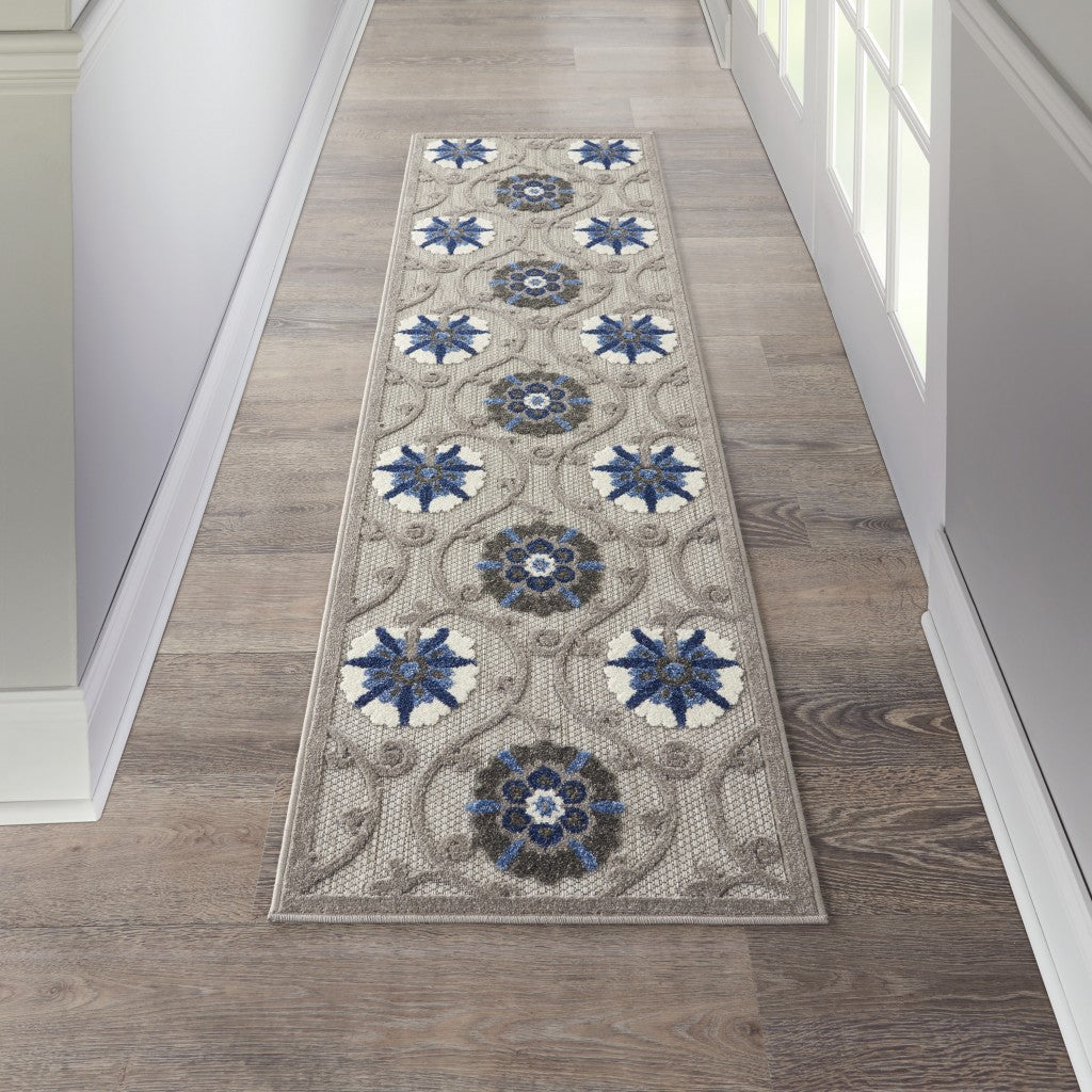 2' X 6' Blue And Gray Floral Indoor Outdoor Area Rug