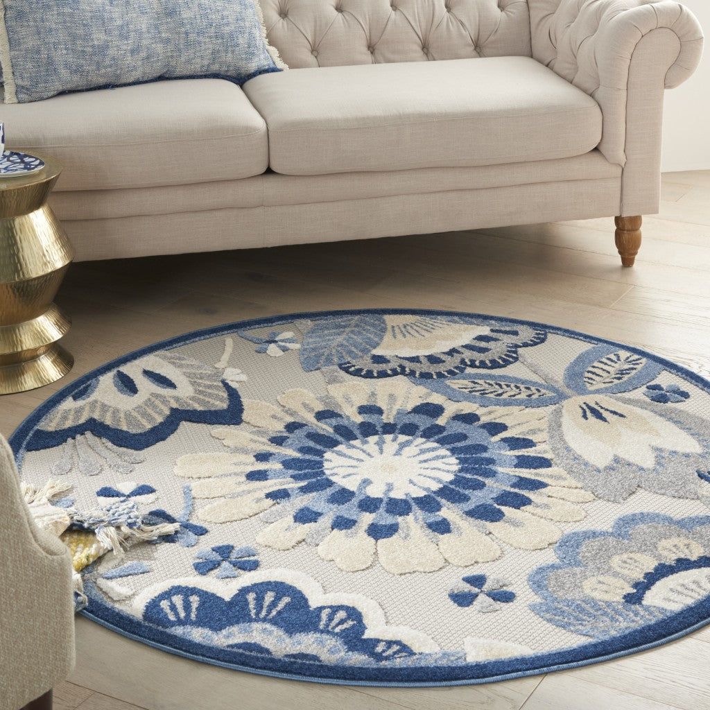 4' Round Blue And Gray Round Floral Indoor Outdoor Area Rug