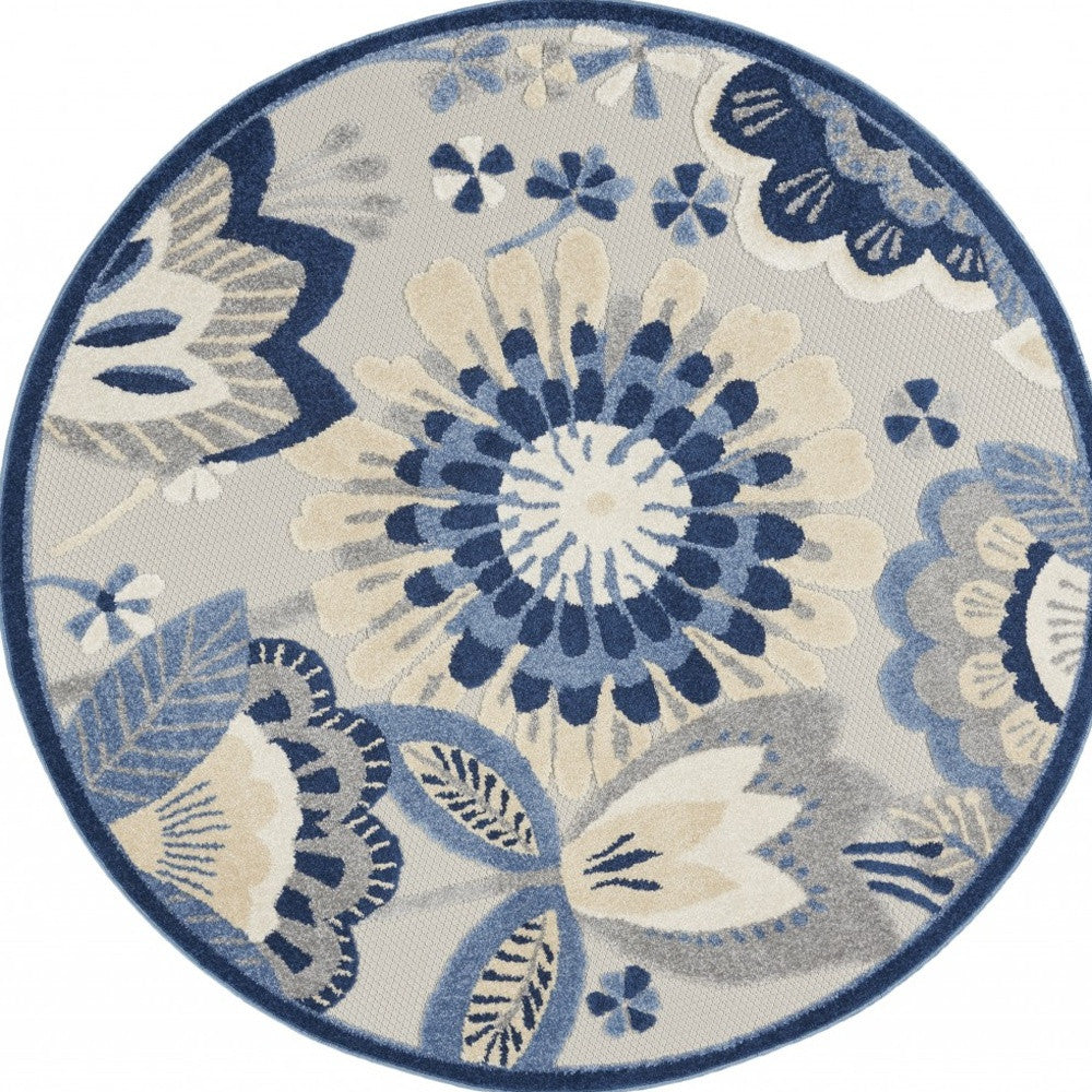 4' Round Blue And Gray Round Floral Indoor Outdoor Area Rug