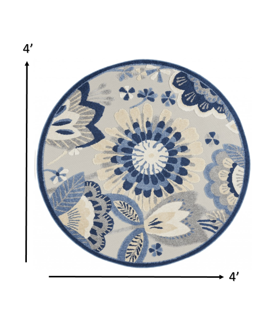 4' Round Blue And Gray Round Floral Indoor Outdoor Area Rug