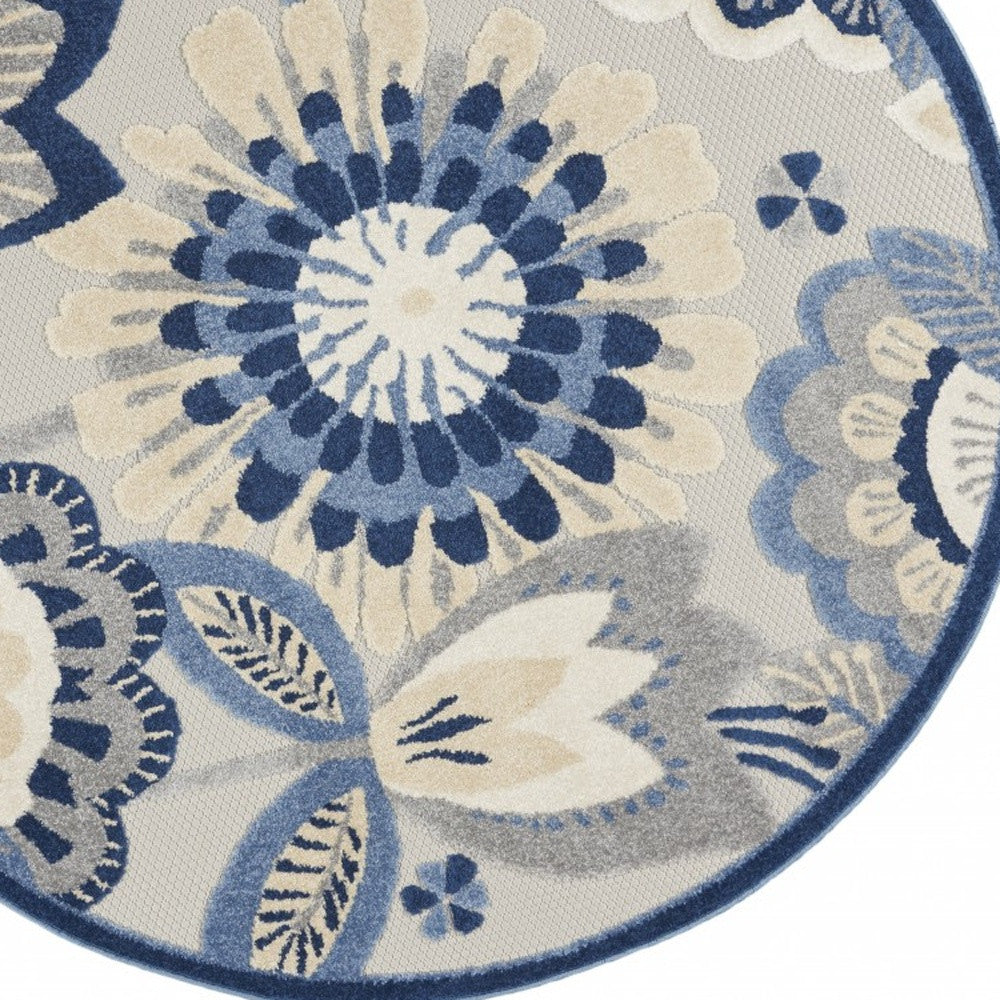 4' Round Blue And Gray Round Floral Indoor Outdoor Area Rug