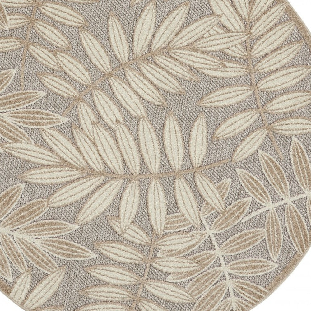 4' Round Gray And Ivory Round Floral Indoor Outdoor Area Rug