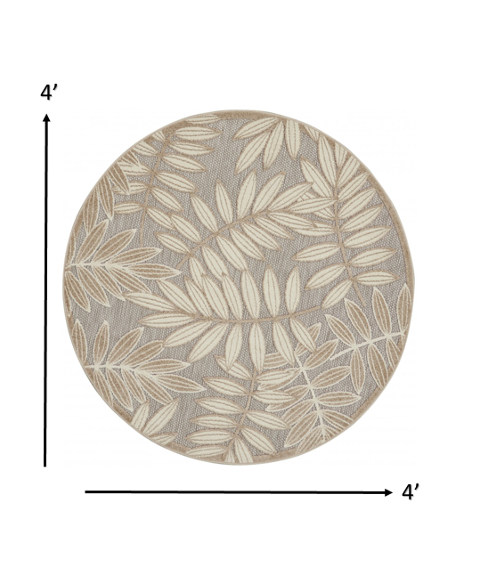 4' Round Gray And Ivory Round Floral Indoor Outdoor Area Rug