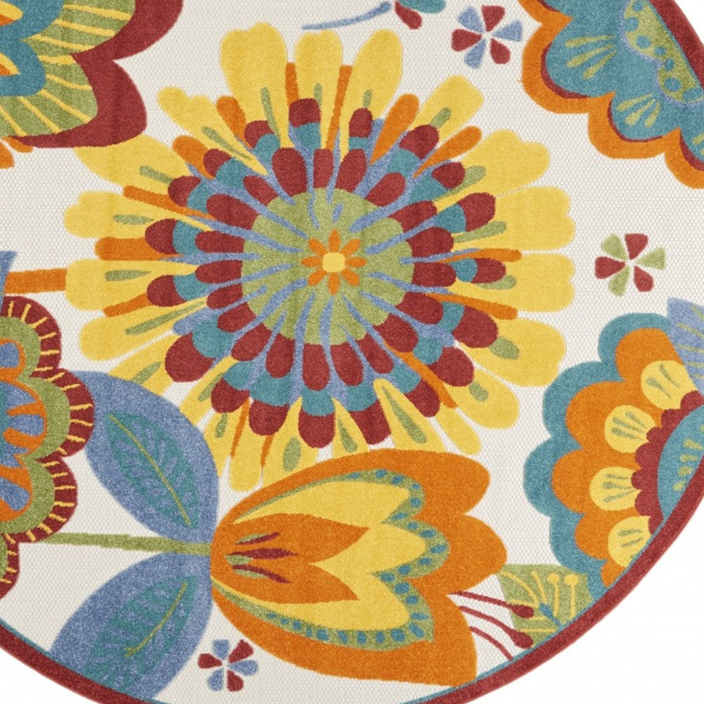 8' Round Yellow And Ivory Round Floral Indoor Outdoor Area Rug