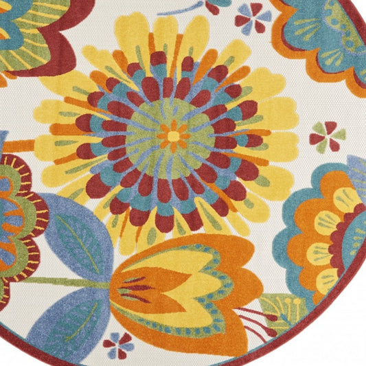 8' Round Yellow And Ivory Round Floral Indoor Outdoor Area Rug