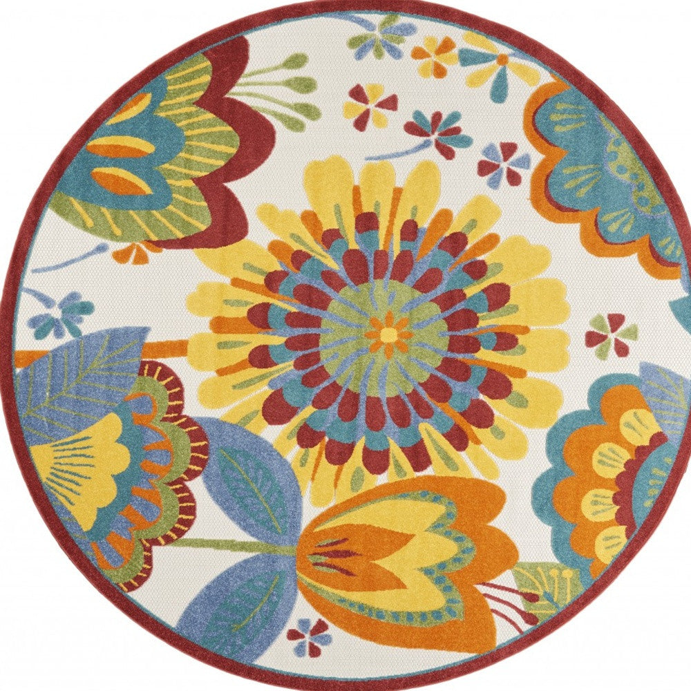 8' Round Yellow And Ivory Round Floral Indoor Outdoor Area Rug