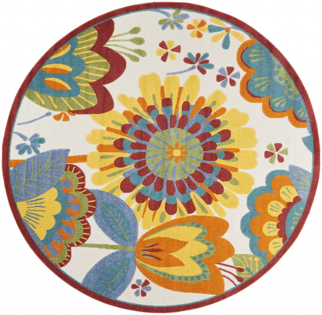 8' Round Yellow And Ivory Round Floral Indoor Outdoor Area Rug