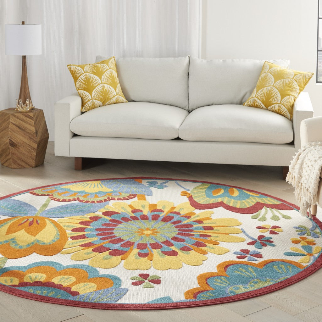 8' Round Yellow And Ivory Round Floral Indoor Outdoor Area Rug