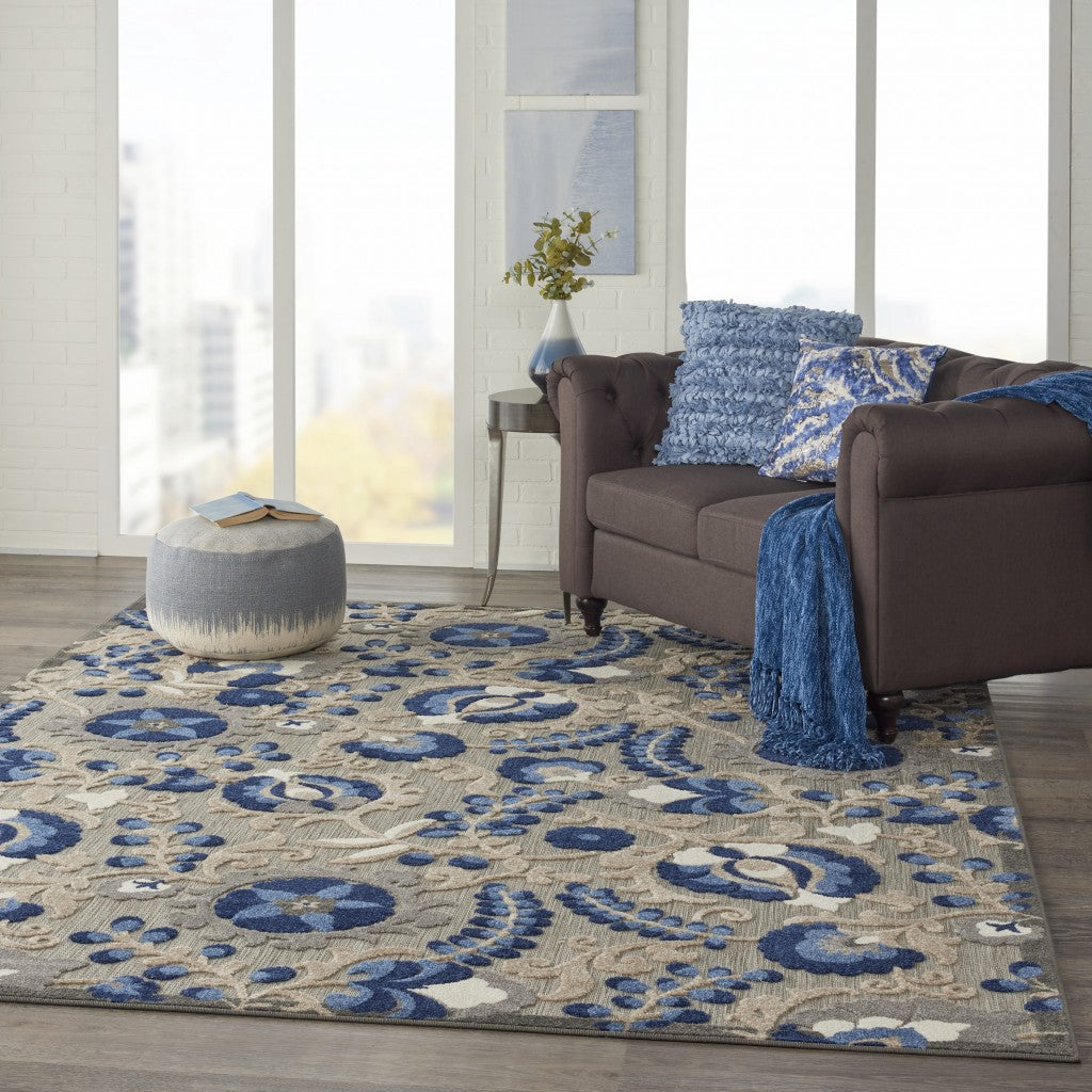 8' X 11' Blue And Gray Floral Indoor Outdoor Area Rug