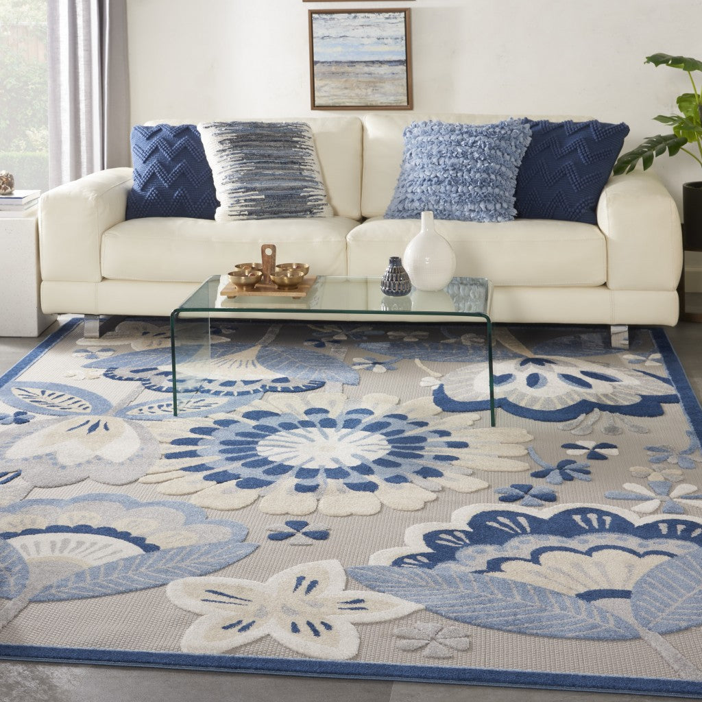 8' X 11' Blue And Gray Floral Indoor Outdoor Area Rug