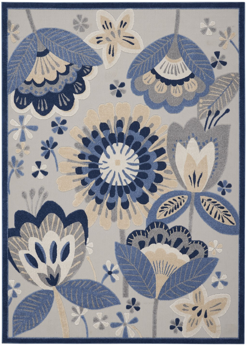 8' X 11' Blue And Gray Floral Indoor Outdoor Area Rug