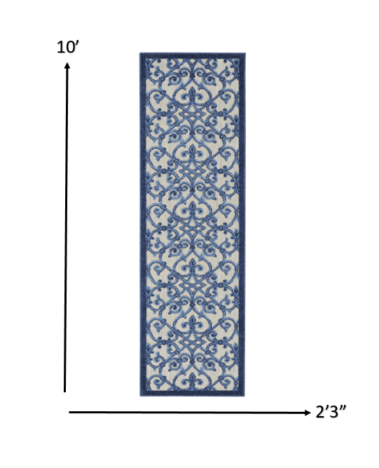 2' X 10' Blue And Gray Floral Indoor Outdoor Area Rug