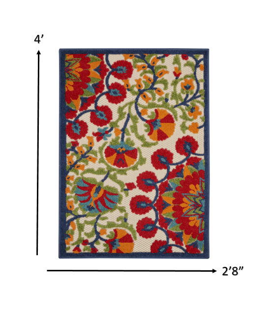 3' X 4' Red And Ivory Floral Indoor Outdoor Area Rug