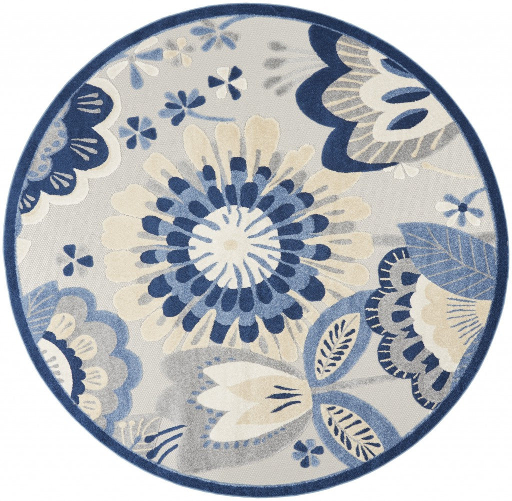 8' Round Blue And Gray Round Floral Indoor Outdoor Area Rug