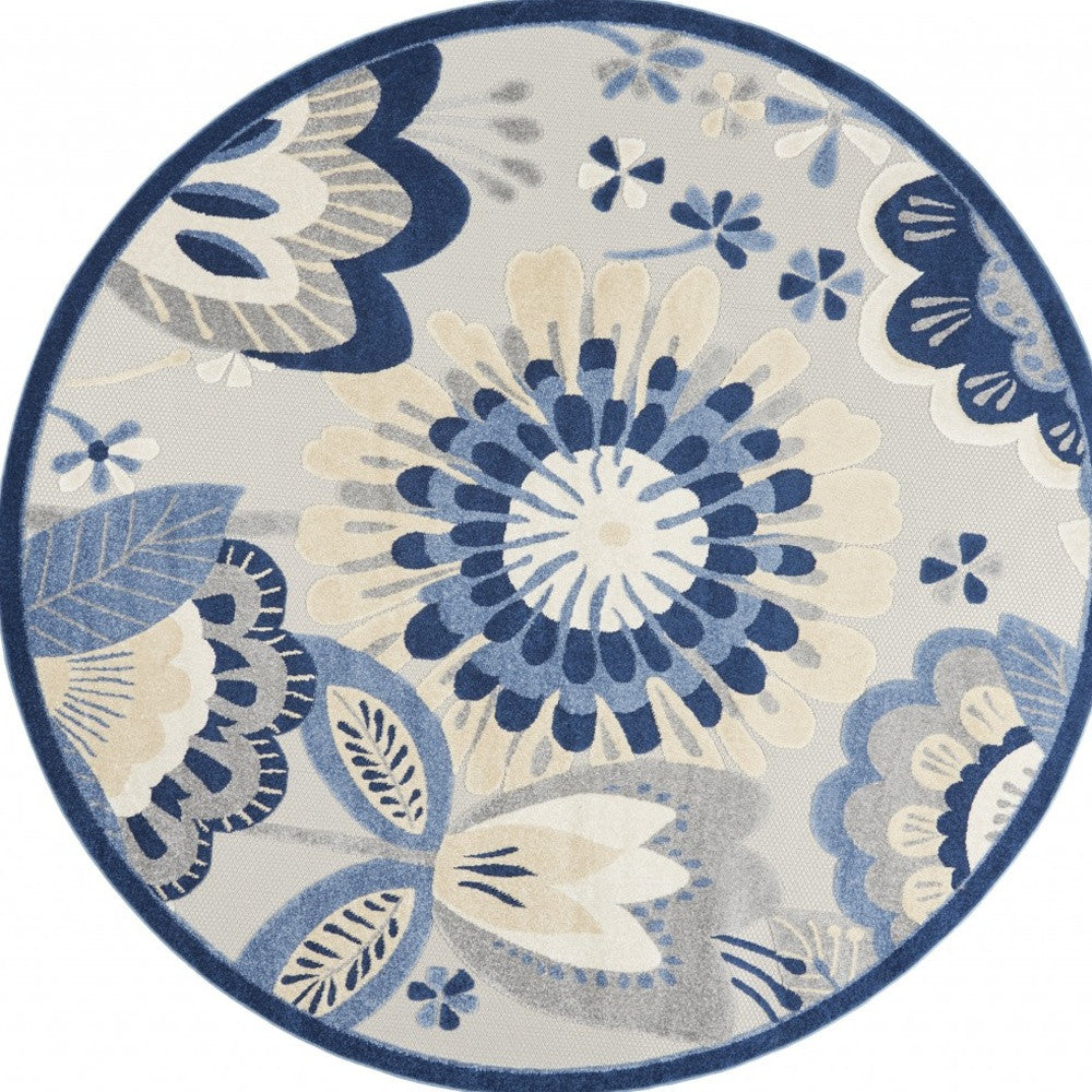 8' Round Blue And Gray Round Floral Indoor Outdoor Area Rug