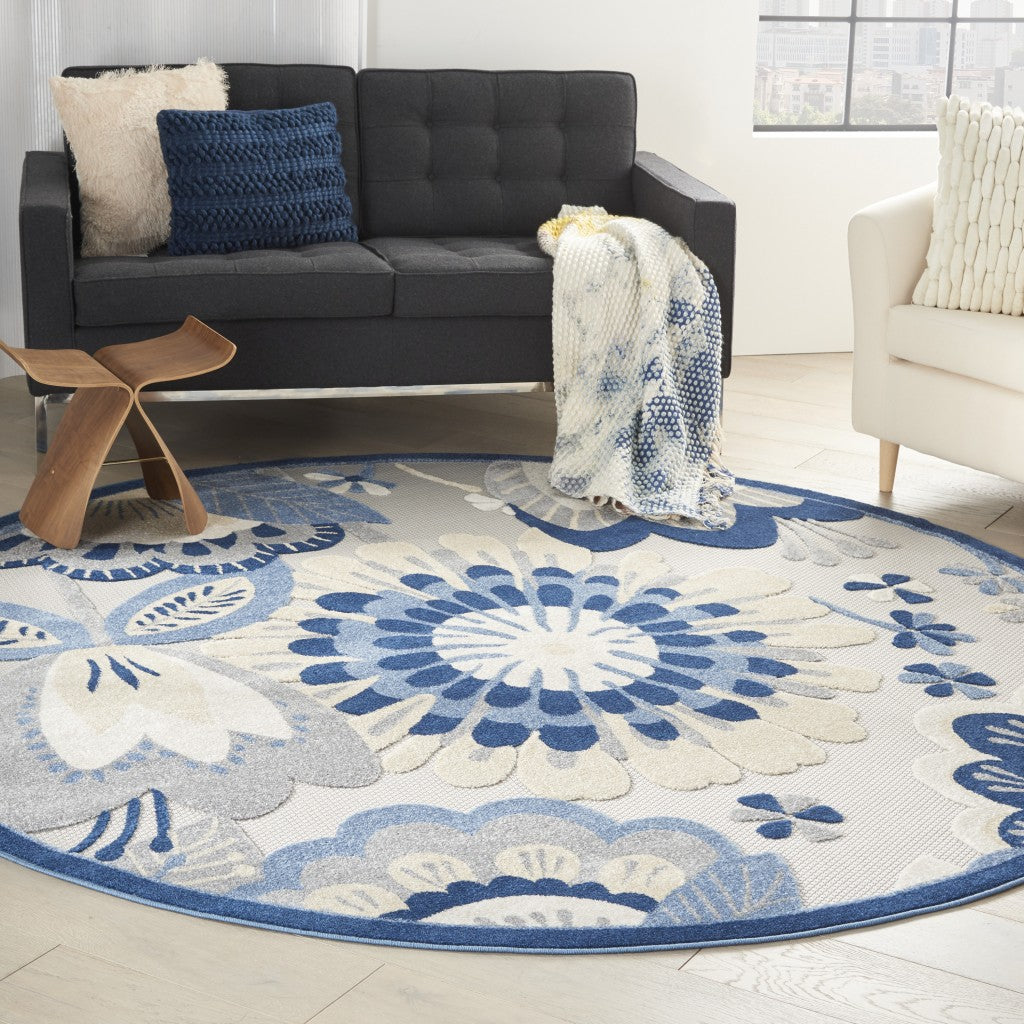 8' Round Blue And Gray Round Floral Indoor Outdoor Area Rug