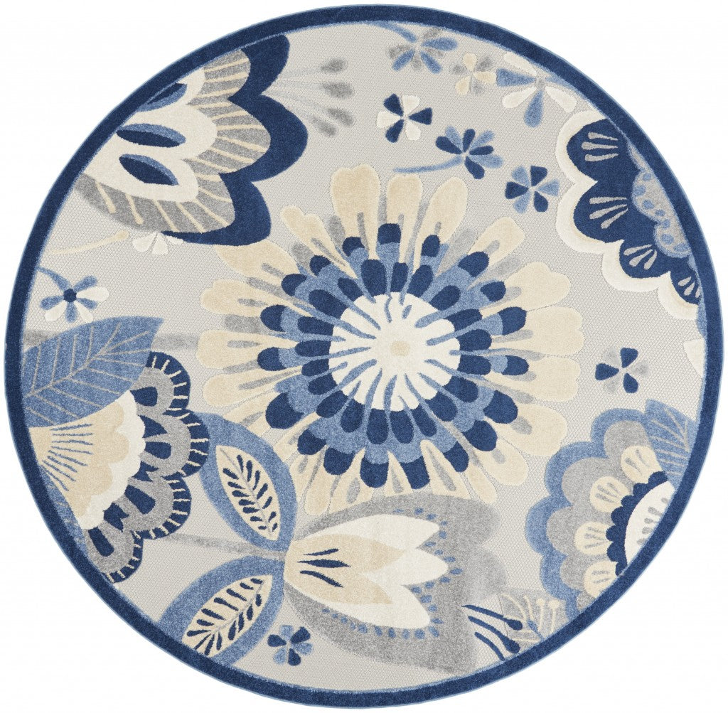 8' Round Blue And Gray Round Floral Indoor Outdoor Area Rug