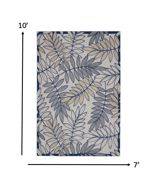 7' X 10' Ivory And Blue Floral Indoor Outdoor Area Rug