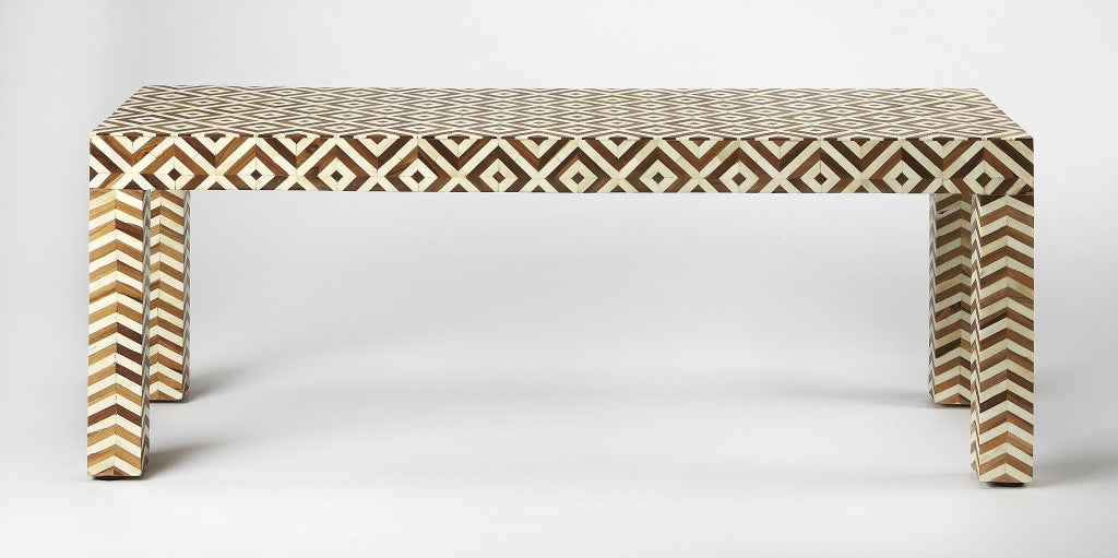 Geo And Chevron Teak And Bone Inlay Bench