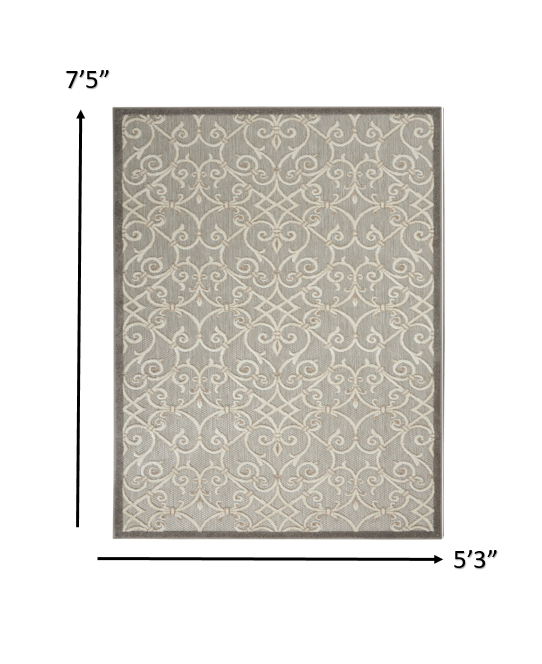 5' X 8' Gray And Ivory Floral Indoor Outdoor Area Rug