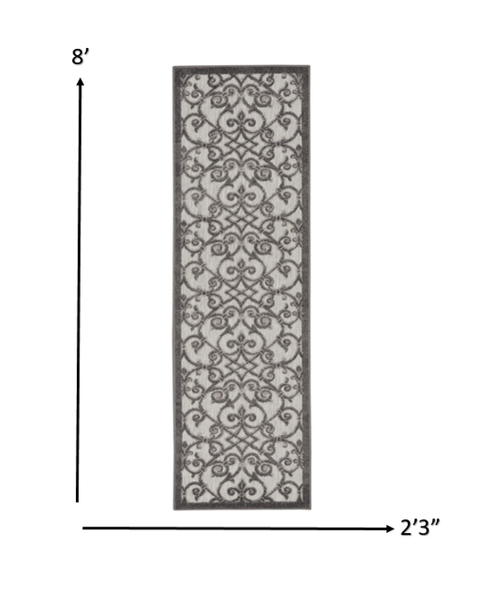 2' X 8' Gray Floral Indoor Outdoor Area Rug