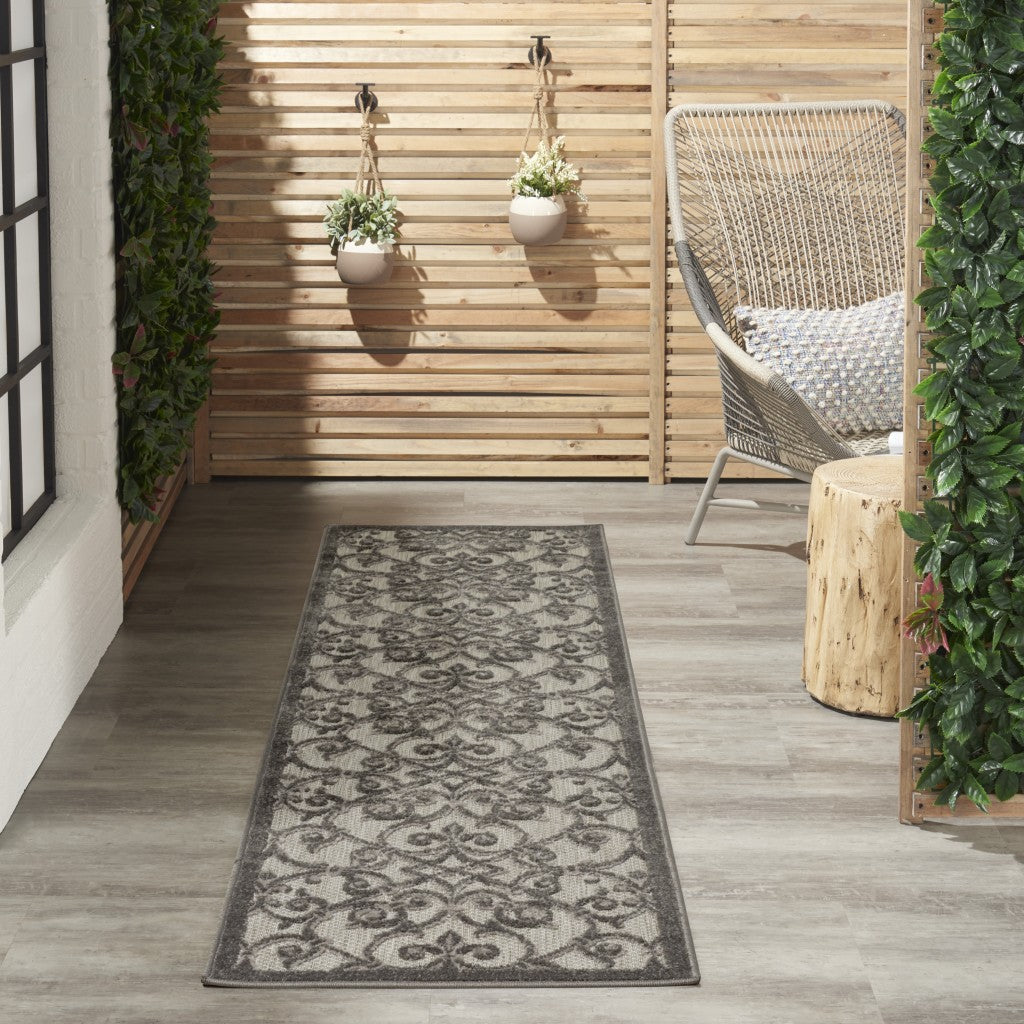 2' X 8' Gray Floral Indoor Outdoor Area Rug