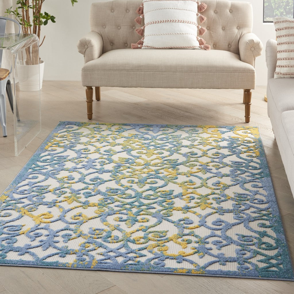 4' X 6' Ivory And Blue Floral Indoor Outdoor Area Rug