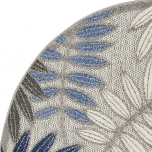 5' Round Blue And Gray Round Floral Indoor Outdoor Area Rug