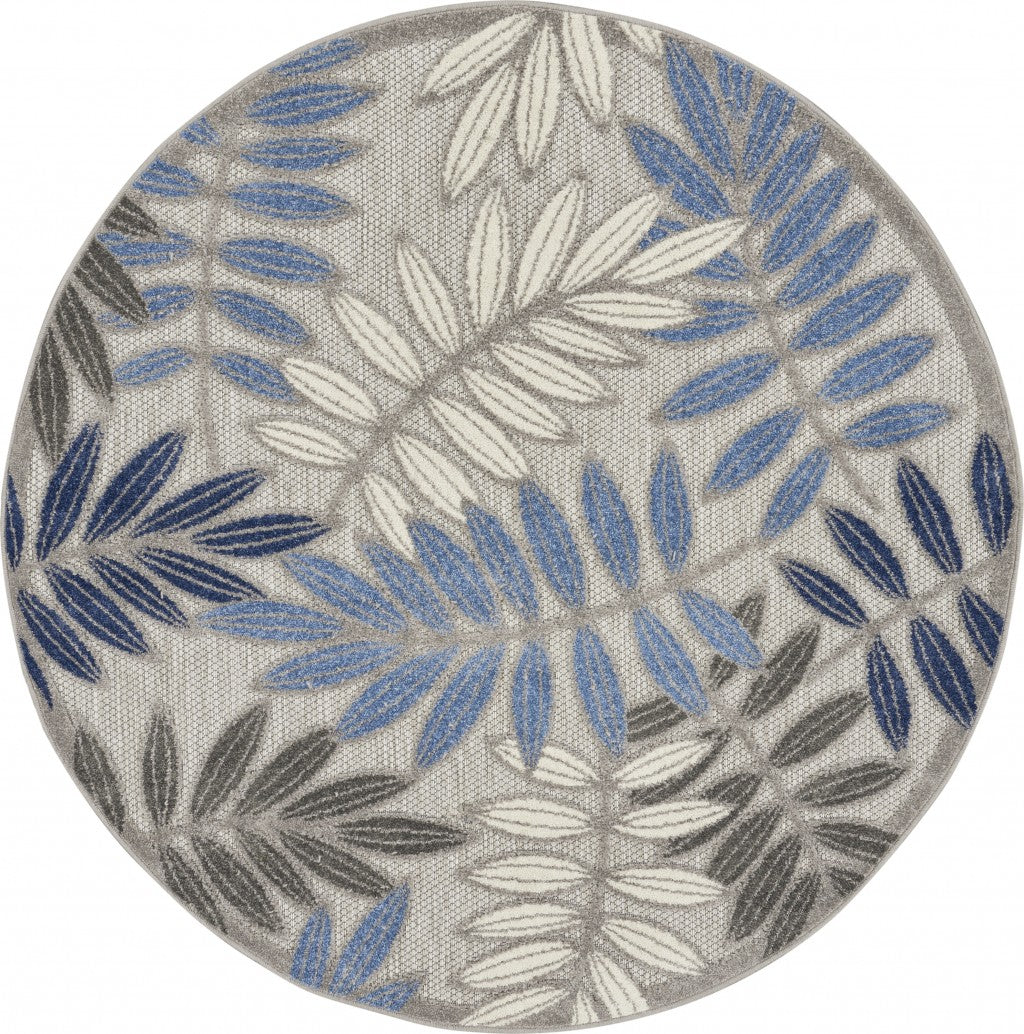 5' Round Blue And Gray Round Floral Indoor Outdoor Area Rug