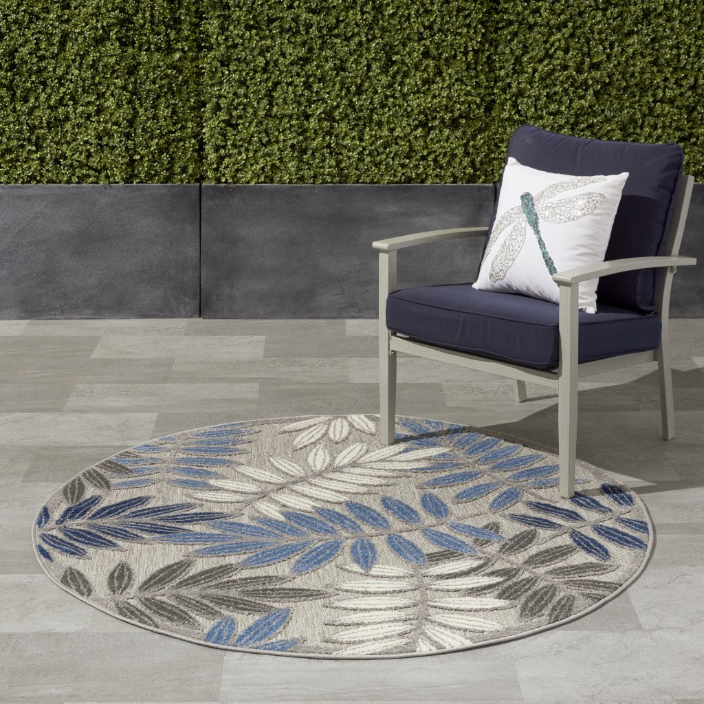 5' Round Blue And Gray Round Floral Indoor Outdoor Area Rug