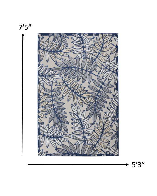 5' X 8' Ivory And Blue Floral Indoor Outdoor Area Rug