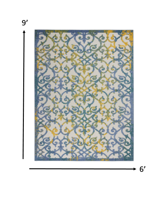 6' X 9' Ivory And Blue Floral Indoor Outdoor Area Rug