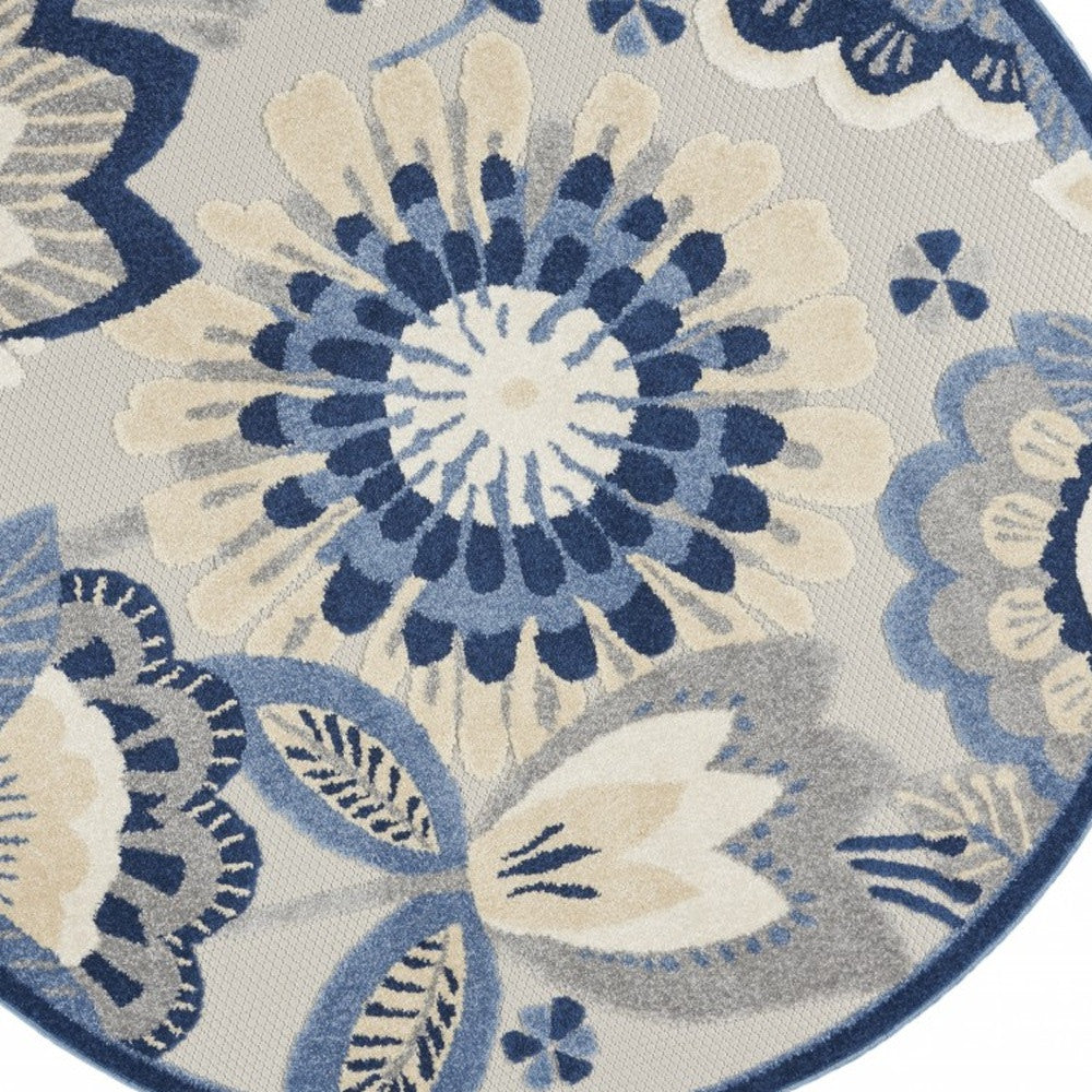 5' Round Blue And Gray Round Floral Indoor Outdoor Area Rug