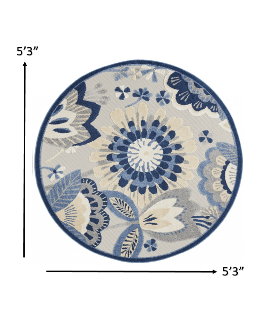 5' Round Blue And Gray Round Floral Indoor Outdoor Area Rug