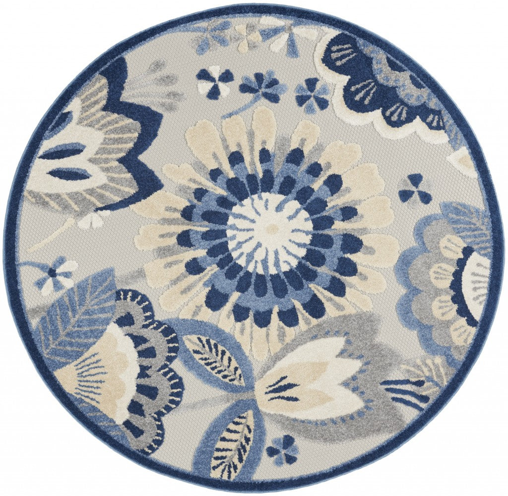 5' Round Blue And Gray Round Floral Indoor Outdoor Area Rug