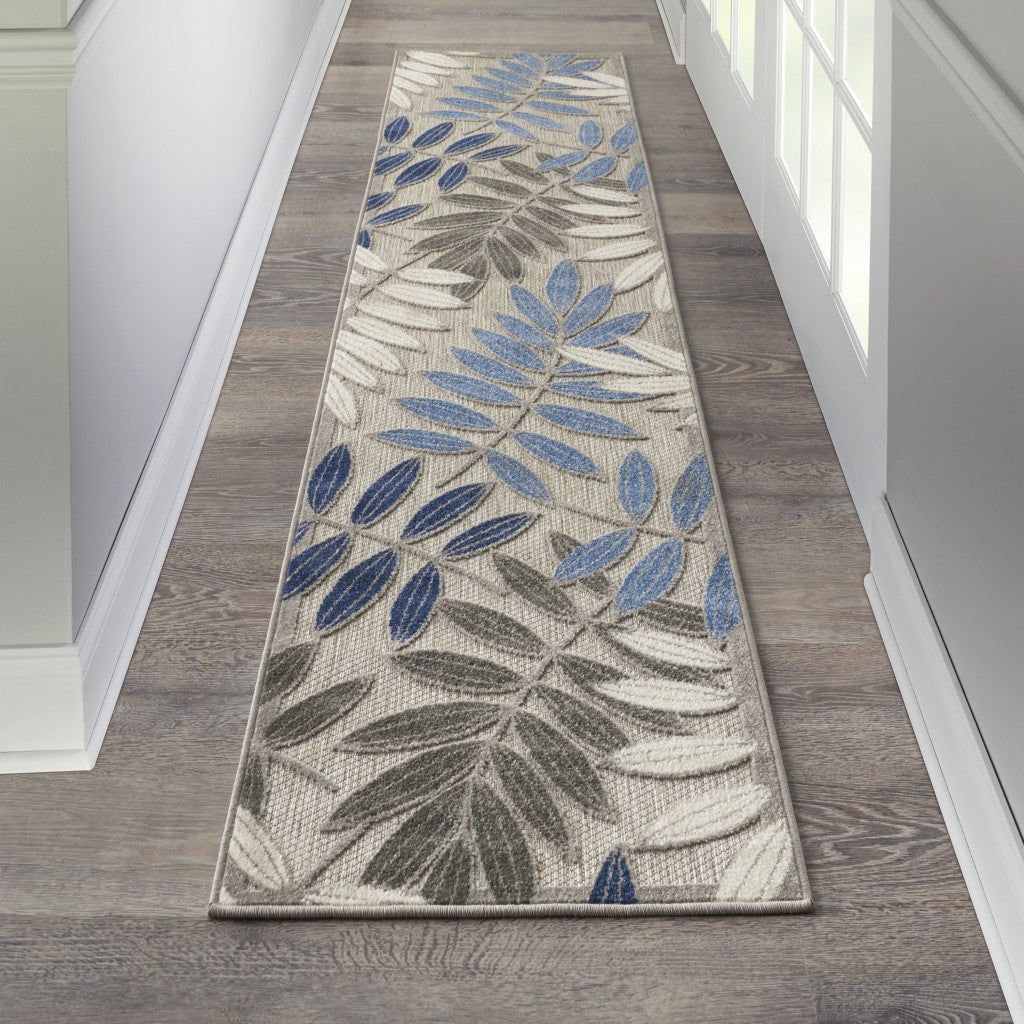 2' X 8' Blue And Gray Floral Indoor Outdoor Area Rug