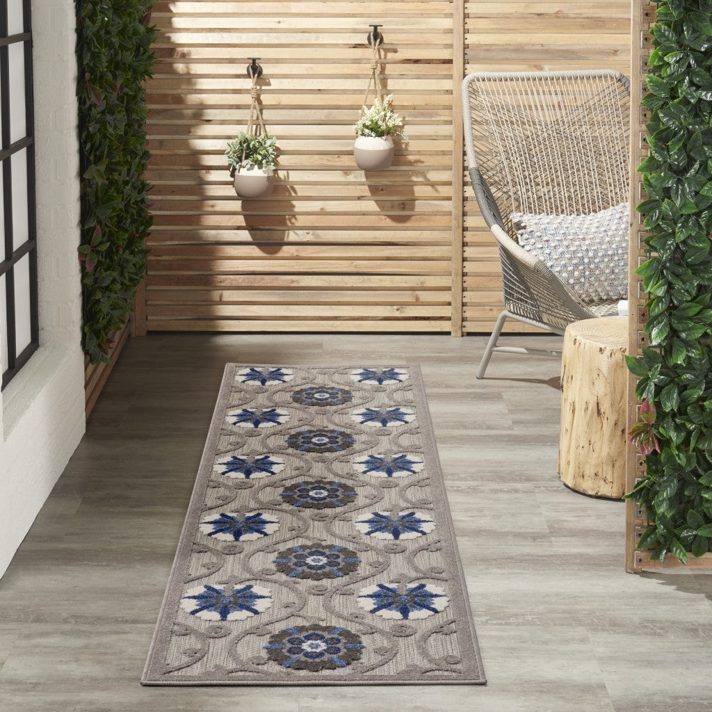 2' X 8' Blue And Gray Floral Indoor Outdoor Area Rug