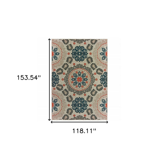 10' x 13' Blue and Gray Damask Indoor Outdoor Area Rug