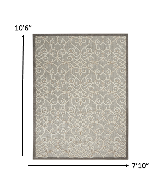 8' X 11' Gray And Ivory Floral Indoor Outdoor Area Rug