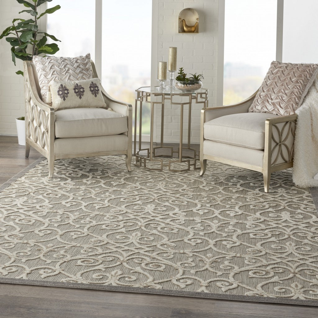 8' X 11' Gray And Ivory Floral Indoor Outdoor Area Rug