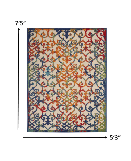 5' X 8' Ivory And Blue Floral Indoor Outdoor Area Rug