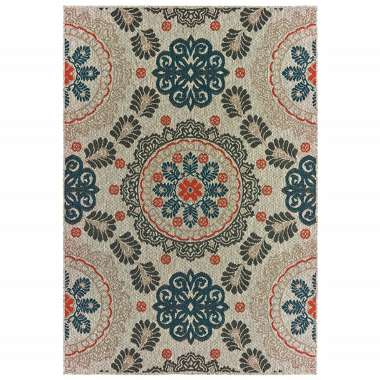 7' x 9' Blue and Gray Damask Indoor Outdoor Area Rug