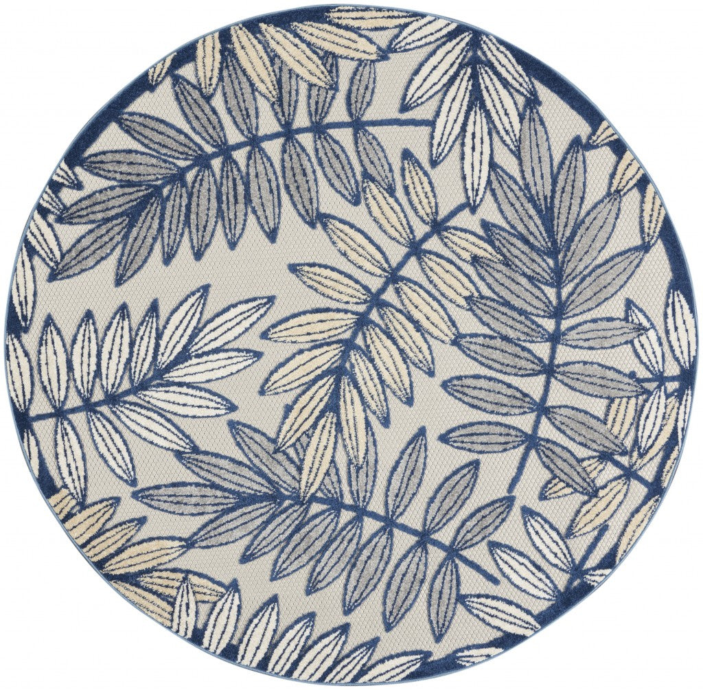 5' Round Ivory And Blue Round Floral Indoor Outdoor Area Rug