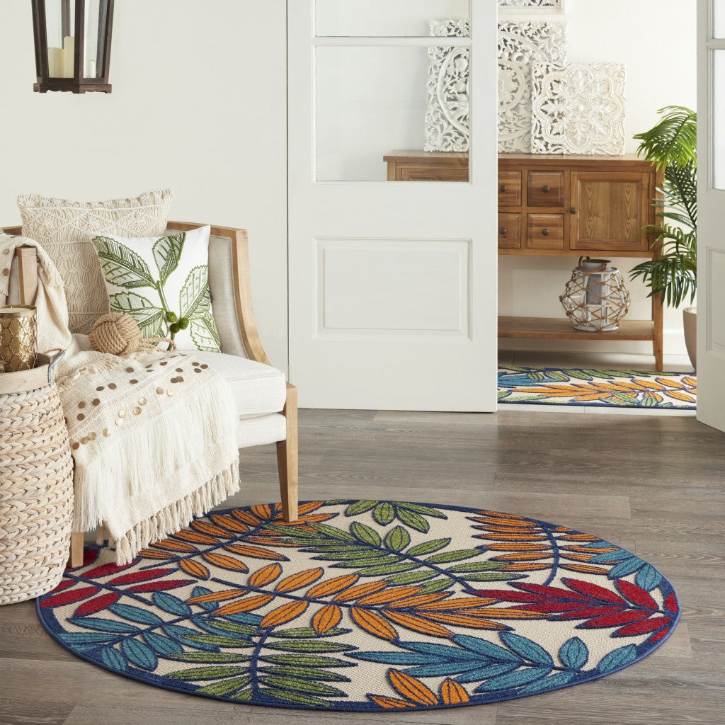 4' Round Ivory And Blue Round Floral Indoor Outdoor Area Rug