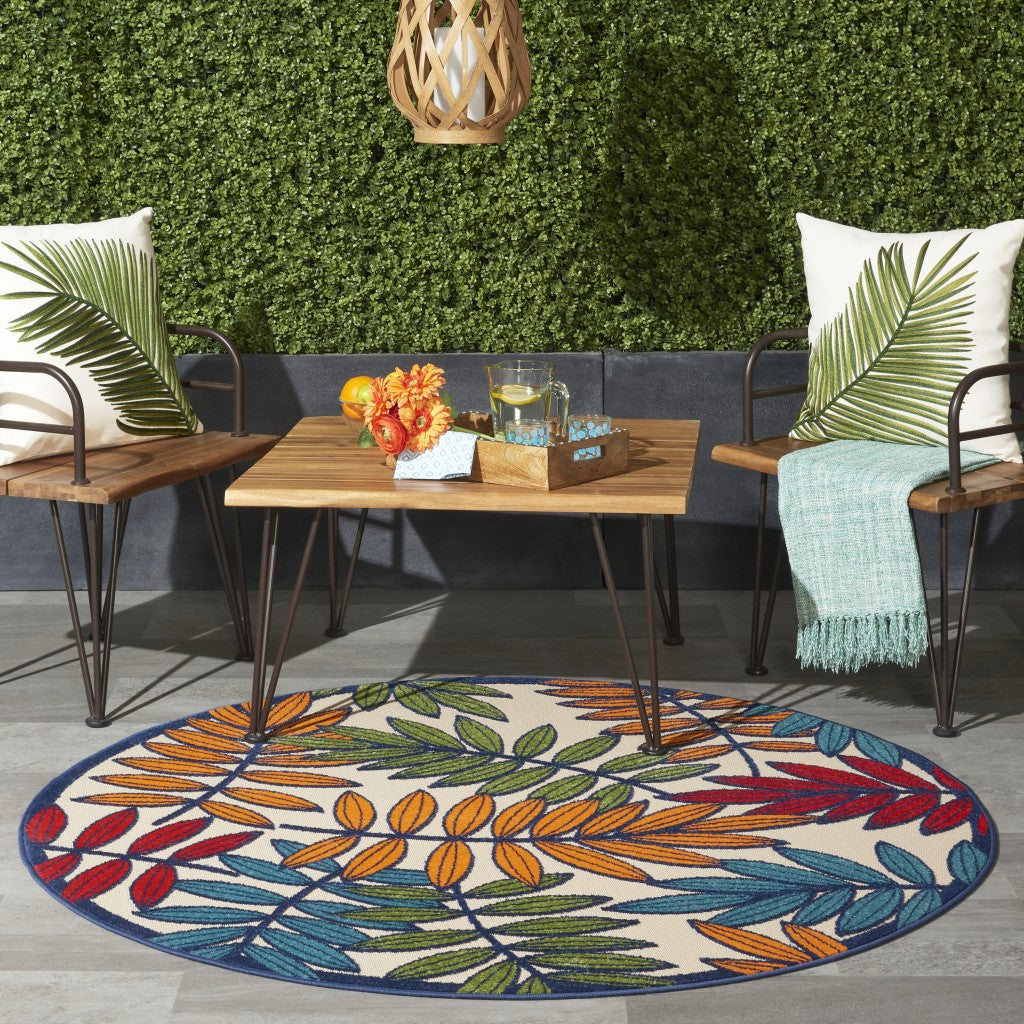 4' Round Ivory And Blue Round Floral Indoor Outdoor Area Rug