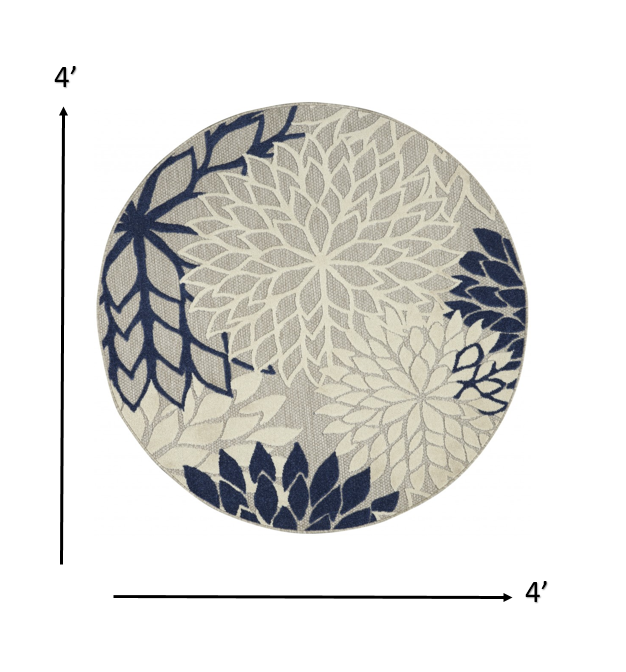 4' Round Ivory And Blue Round Floral Indoor Outdoor Area Rug