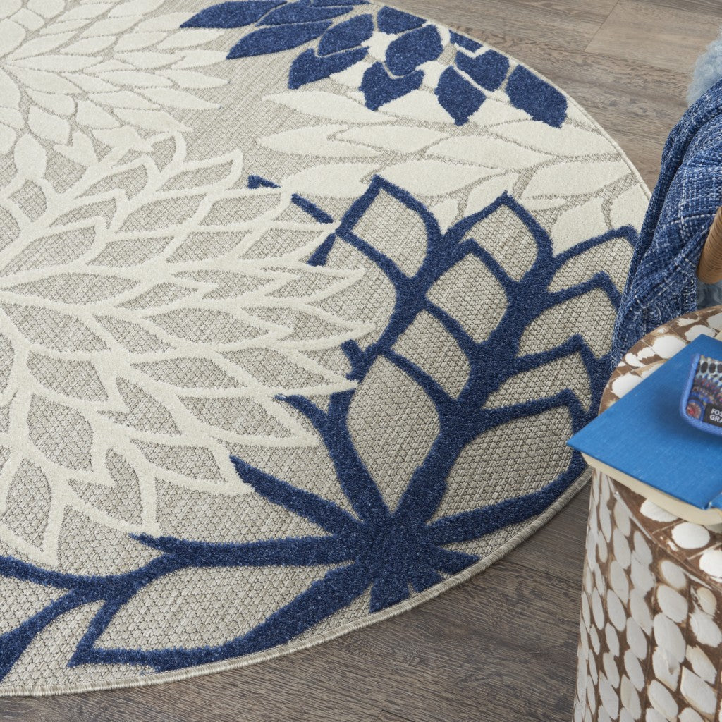 4' Round Ivory And Blue Round Floral Indoor Outdoor Area Rug