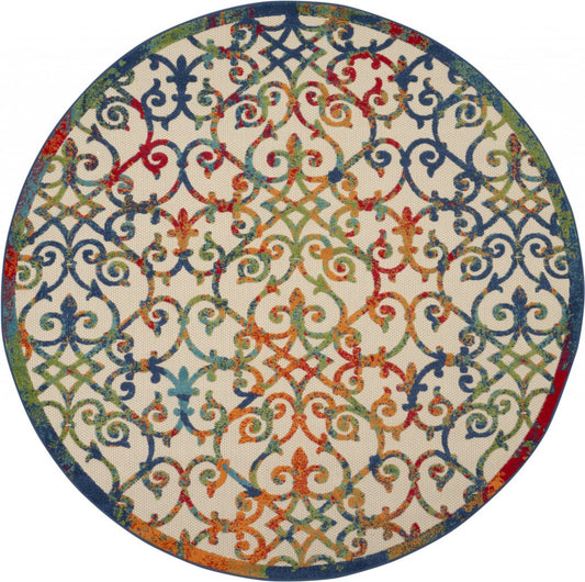 8' Round Ivory And Blue Round Floral Indoor Outdoor Area Rug