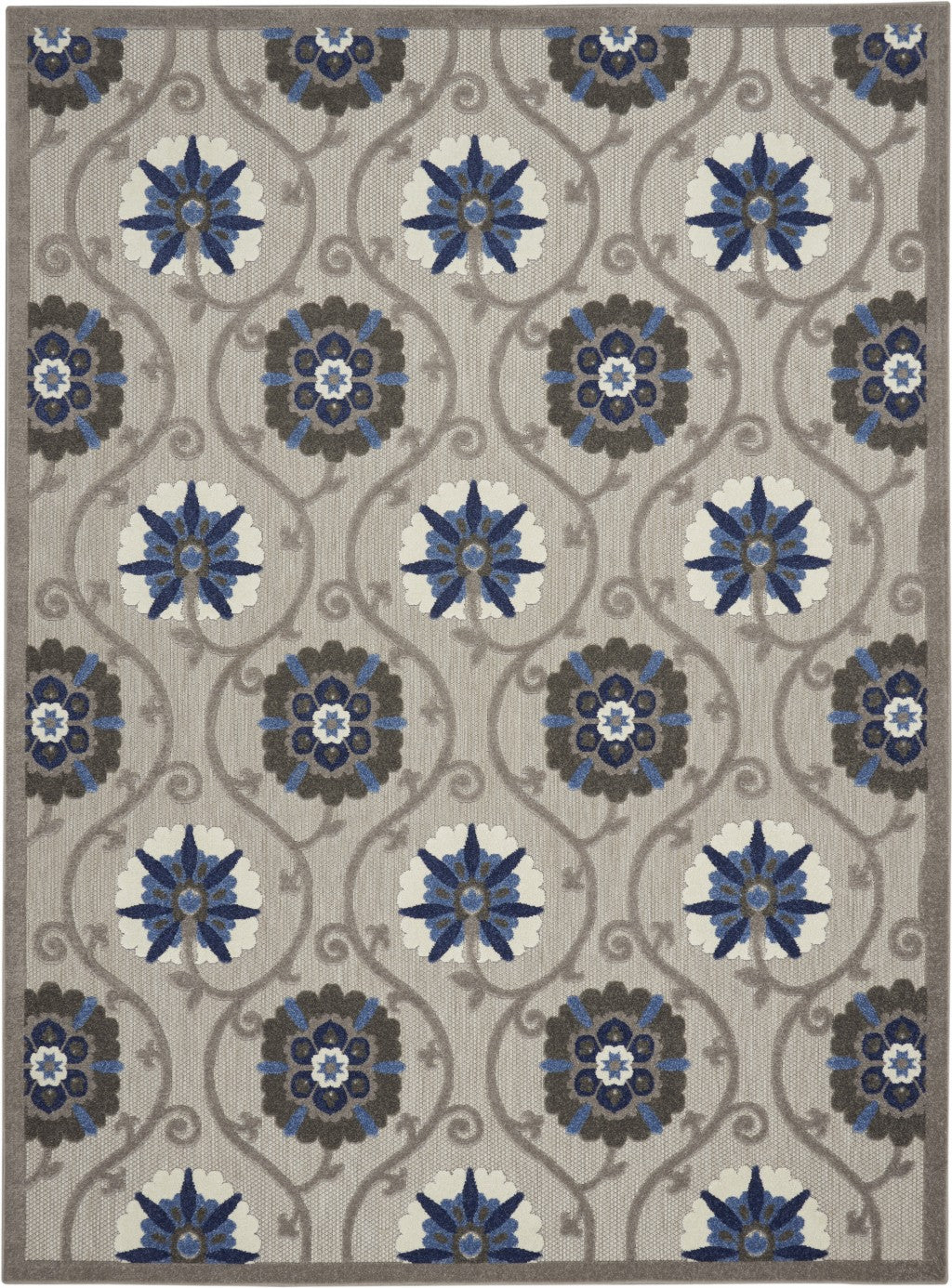 8' X 11' Blue And Gray Floral Indoor Outdoor Area Rug