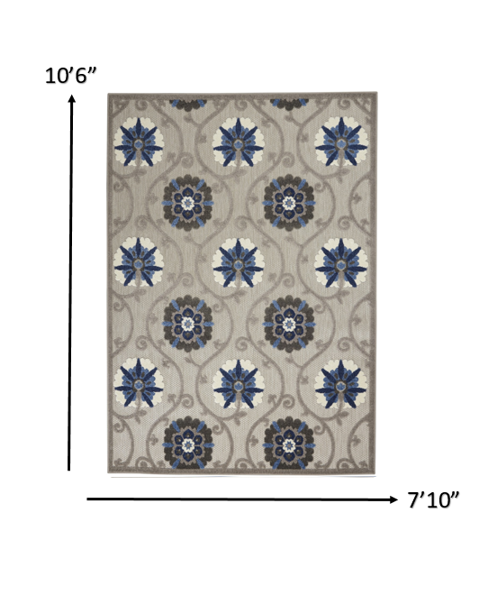 8' X 11' Blue And Gray Floral Indoor Outdoor Area Rug